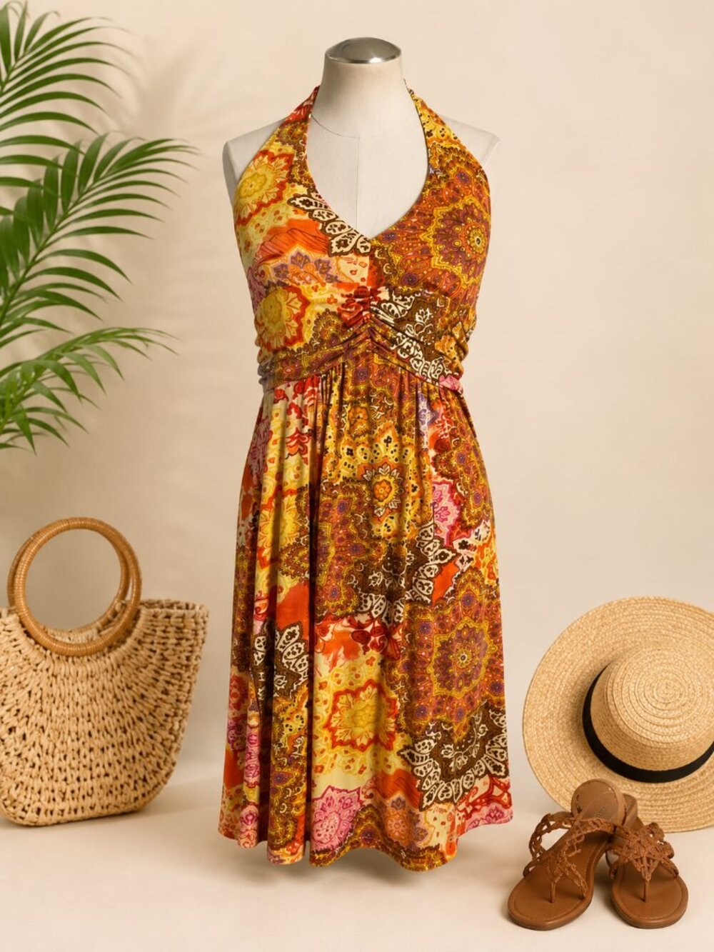 Speechless Halter Dress Women's XL Boho Paisley Medallion Empire Waist Sundress